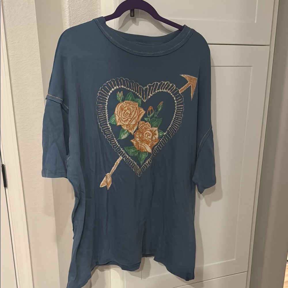 Free People Blue Top with Floral Heart Design